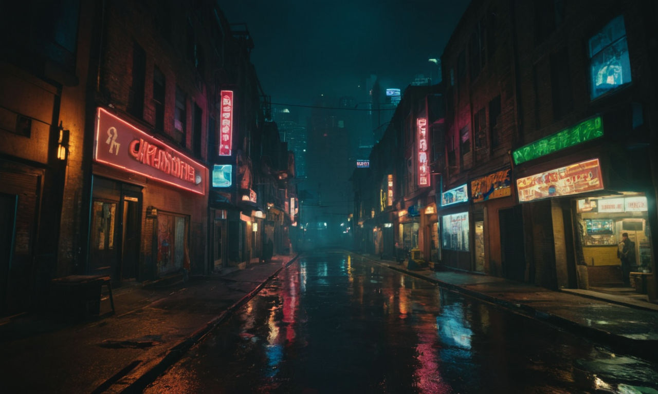 An image of a virtual city skyline at night with glowing neon lights, bustling streets, and shadowy alleyways. The scene captures the essence of a gritty urban environment similar to the underworld portrayed in Gangster Life on the Nintendo Switch. The cityscape should convey a sense of mystery, excitement, and danger, reflecting the immersive gameplay and intense action of the game.
