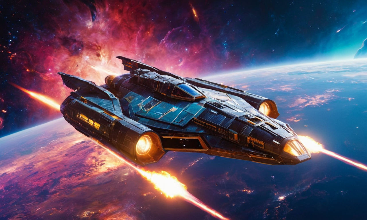 An image of a futuristic spaceship flying through a colorful and vibrant galaxy filled with swirling nebulae and distant stars. The ship is sleek and equipped with advanced weaponry, ready for space combat. Bright bursts of laser beams illuminate the scene, capturing the intensity of battle in a visually stunning universe.
