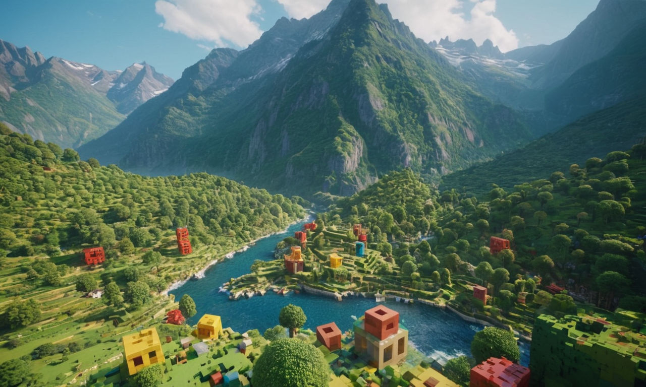 Blocky landscape with diverse structures made of colorful blocks, lush green forests, flowing rivers, and towering mountains in a sunny, pixelated world setting.
