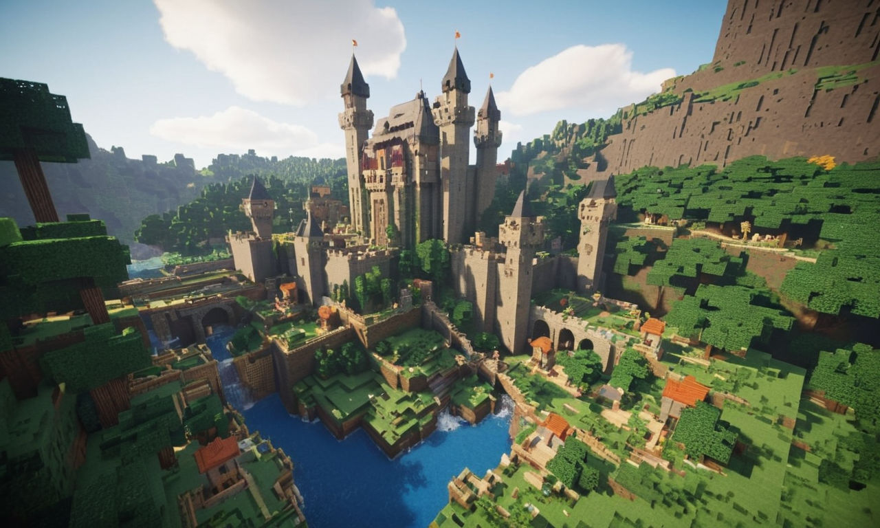 Minecraft-style block-based crafting scene with players creatively building a magnificent castle, lush green landscape, flowing rivers, and diverse blocks materials. The scene showcases a variety of crafted items like tools, furniture, and decorative elements, highlighting the depth of the crafting mechanics in the game.
