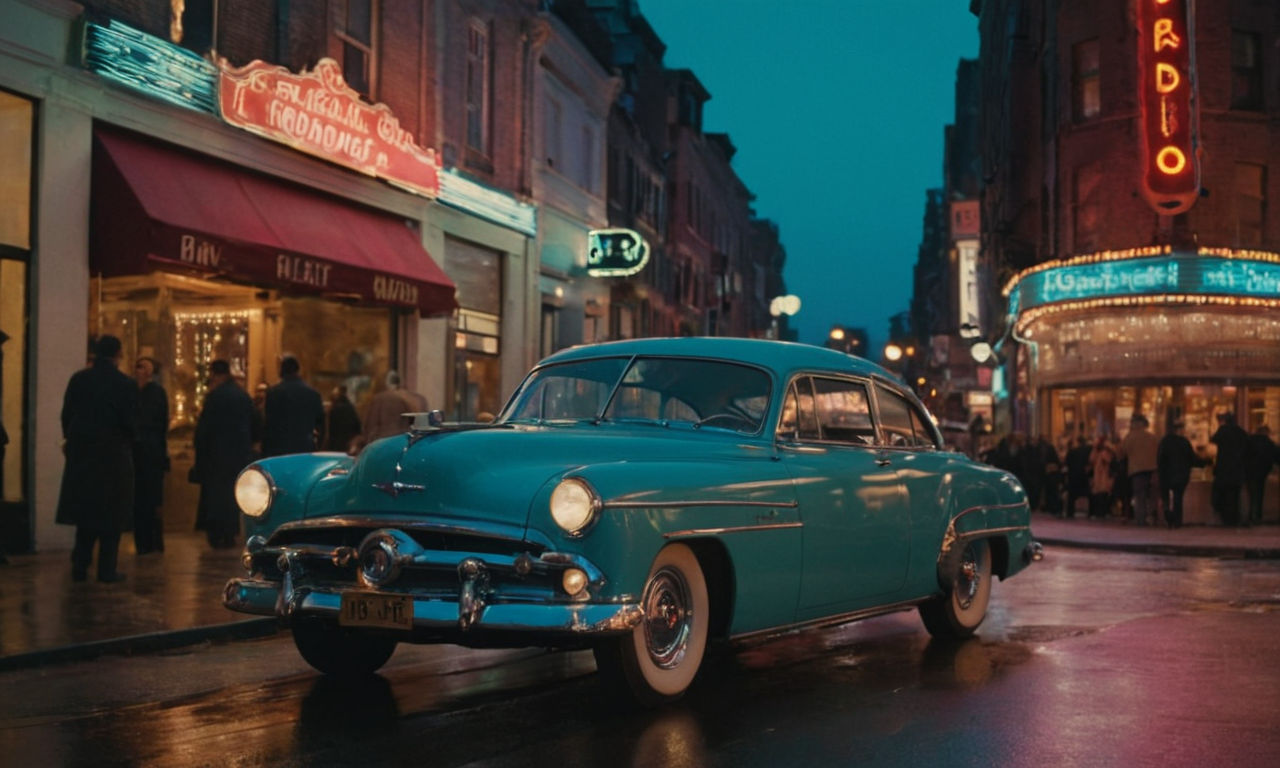 An image of a vintage, retro-inspired car driving down a bustling city street at dusk. The car's radio is on, illuminating the interior with a warm glow as the city lights shine outside. The scene captures the essence of the '50s and '60s nostalgia with neon signs reflecting off the car's polished exterior, creating a charming and immersive atmosphere.
