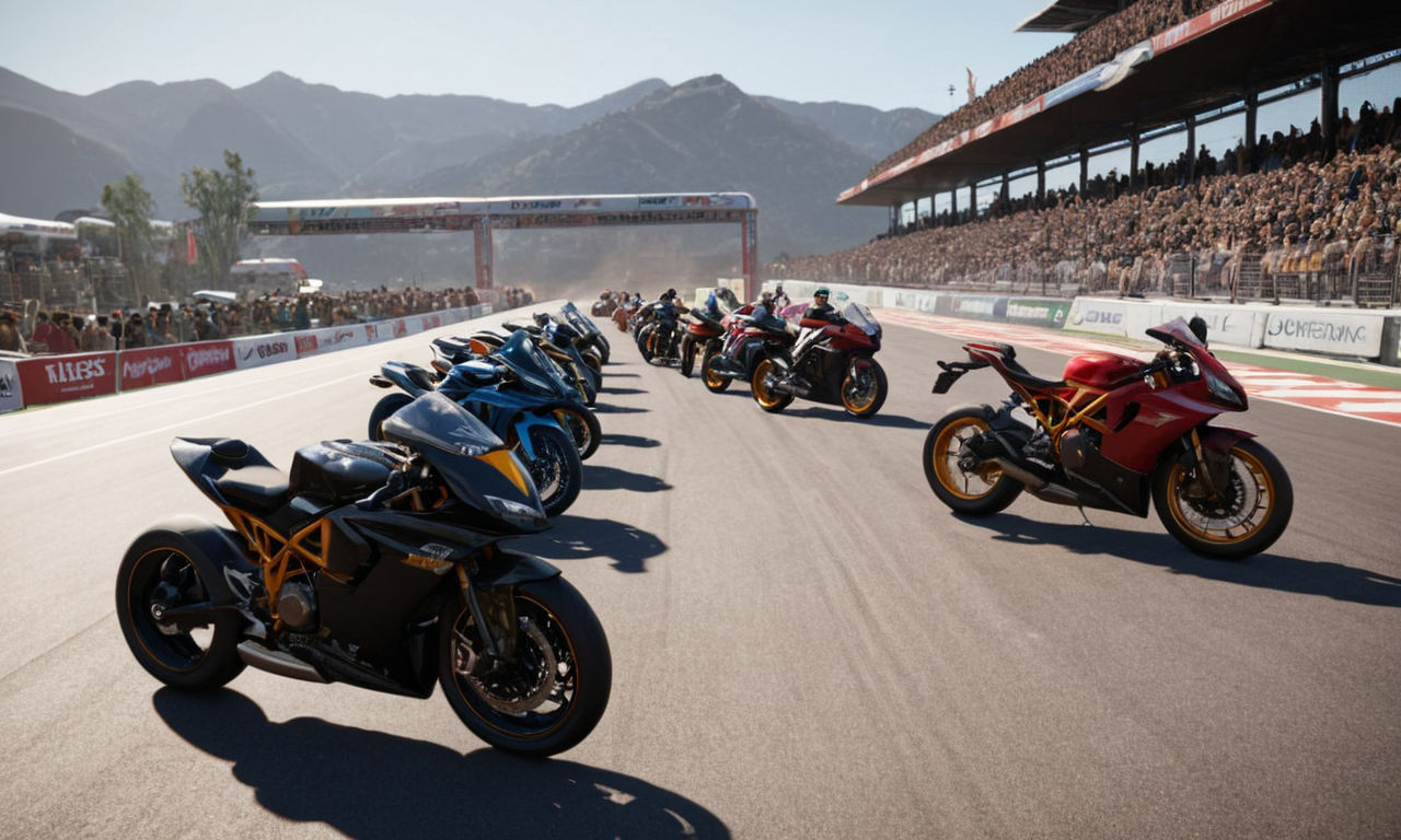 Motorcycle racing game scene: Powerful motorcycles lined up on a starting grid, ready to race on a variety of dynamic tracks. The scene includes a mix of urban circuits, off-road challenges, and scenic routes, showcasing the diverse track selection in Moto Rush GT. Vibrant colors and detailed environments highlight the adrenaline-pumping gameplay featured in the Switch version of the game.
