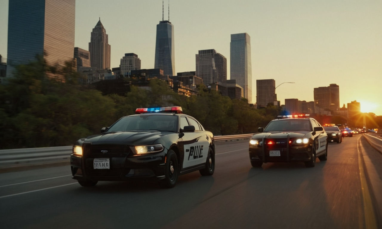 A high-speed chase scene at sunset with police cars in pursuit, dramatic lighting, city skyline in the background, and intense action-packed vibe.
