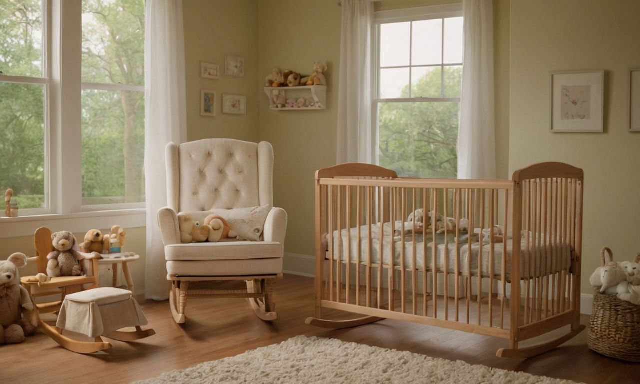 A serene nursery scene in a cozy home setting, featuring a crib, toys scattered around, baby bottles, and a rocking chair. Soft, natural light filters in through a window, creating a warm and inviting atmosphere perfect for nurturing virtual bundles of joy in Mom Simulator 2023 on Nintendo Switch.
