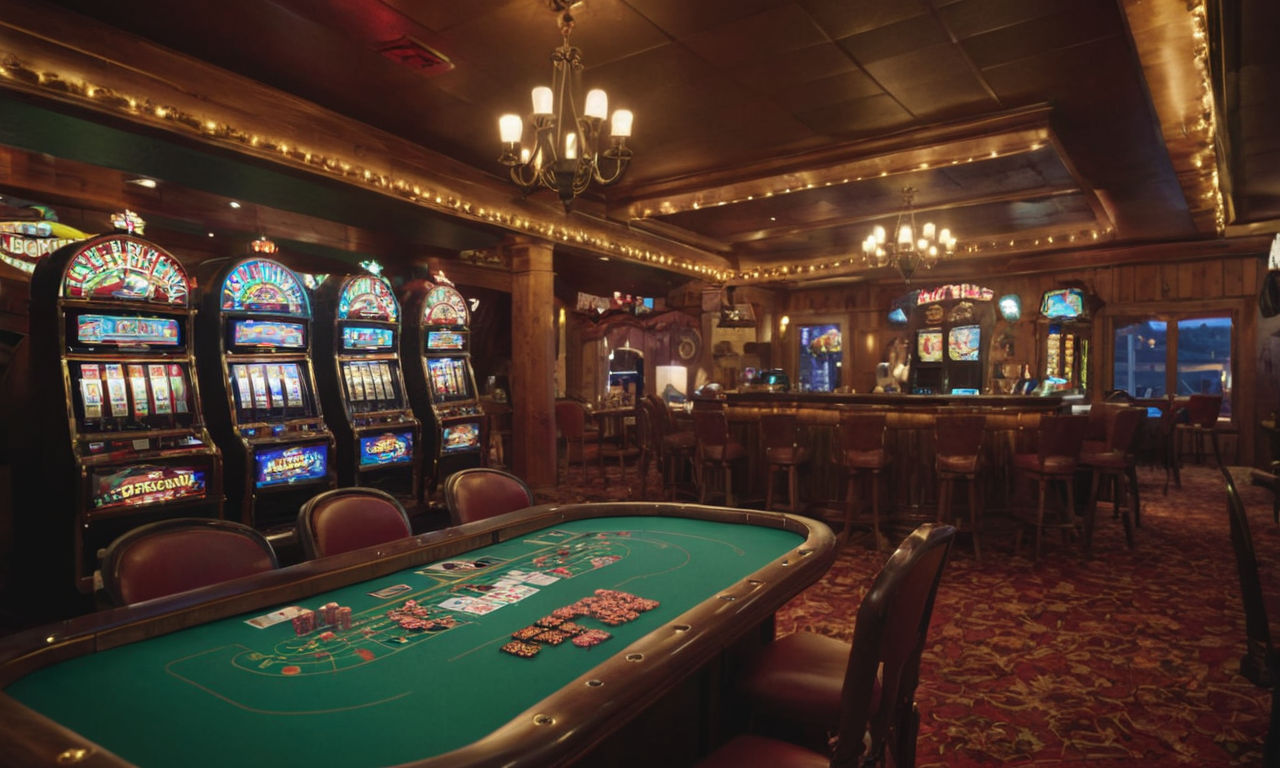 Image prompt: A vibrant and engaging virtual casino scene on a Nintendo Switch screen, featuring classic slot machine reels with Western-themed symbols like cowboy hats, revolvers, and gold nuggets. The background shows a saloon setting with wooden decor, playing cards scattered around, and a vintage poker table to enhance the authentic Wild West gambling experience. The screen displays exciting animations of spinning reels and flashing lights, capturing the thrill of virtual gambling on the Switch.
