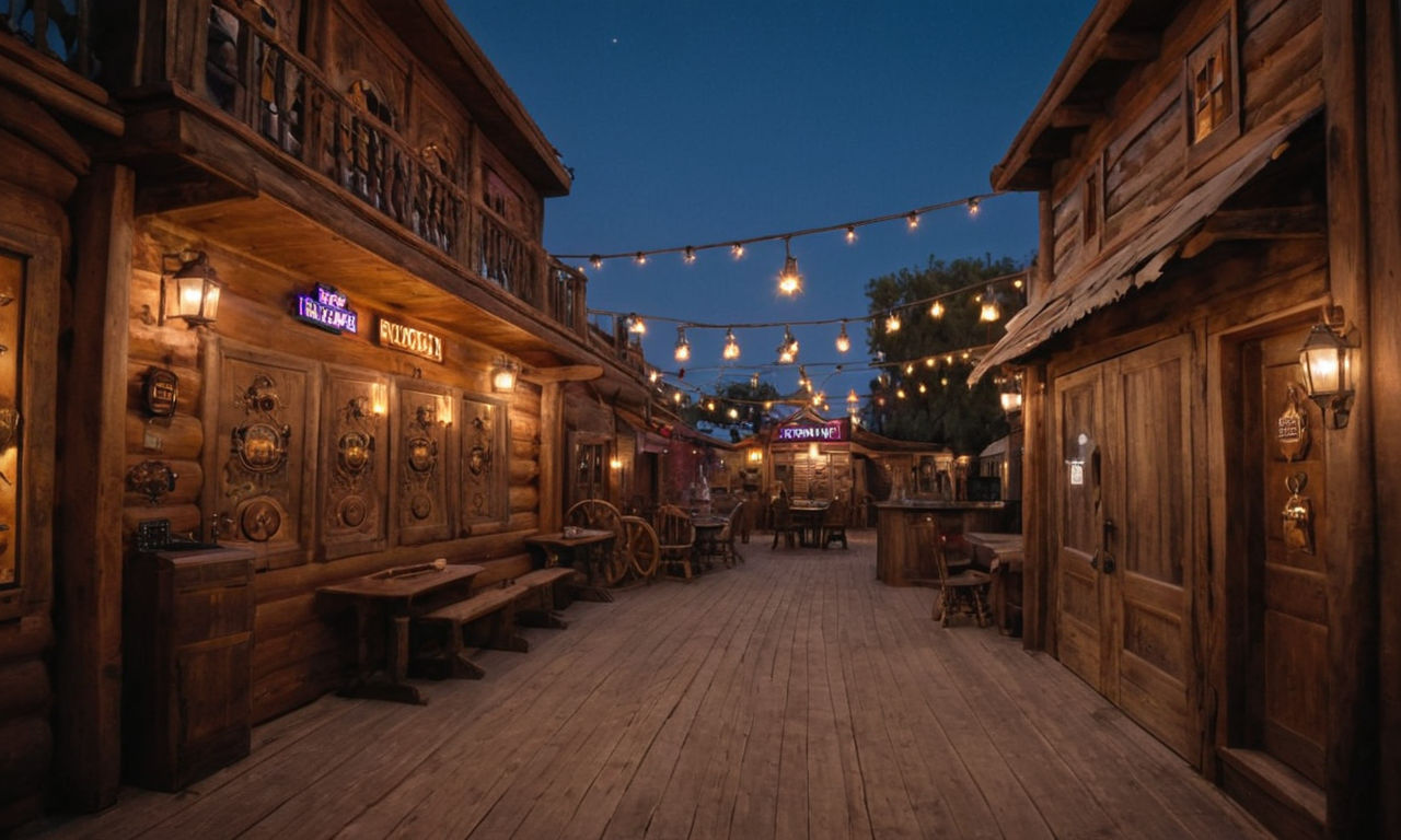 Image prompt: 
A vibrant and detailed Wild West-themed slot machine on a digital screen. The screen displays classic Western symbols like cowboy hats, revolvers, and sheriff badges spinning on the reels. The background showcases a dusty saloon with wooden interiors, swinging doors, and dimly lit lanterns, transporting players to the nostalgic setting of the Old West. Add subtle animations like flickering lights or moving reels to enhance the immersive experience of playing Western Slot Machine on the Nintendo Switch.
