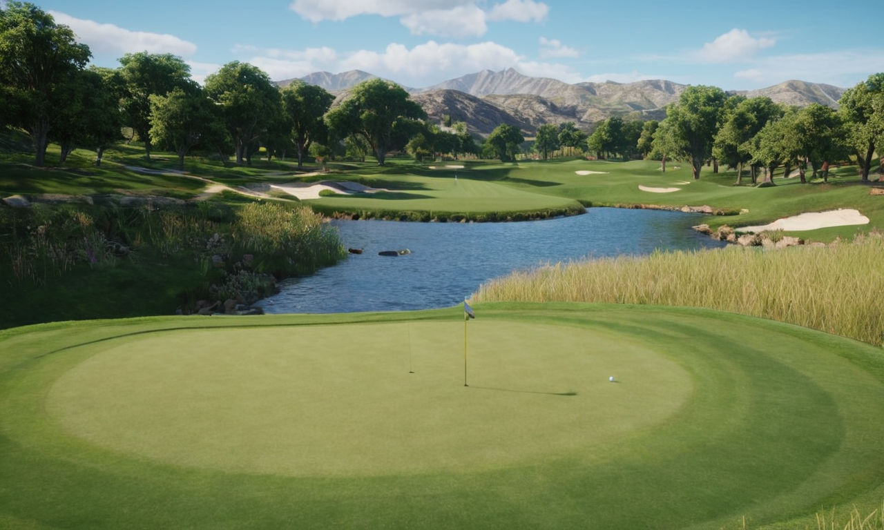 Lush golf course with varied terrains and vibrant landscapes, including rolling hills, water hazards, and challenging bunkers; Stunning graphics with realistic water reflections, dynamic lighting, and detailed foliage; Comparison of Hentai Golf on Switch to other golf games, emphasizing unique gameplay features and visual aesthetics.
