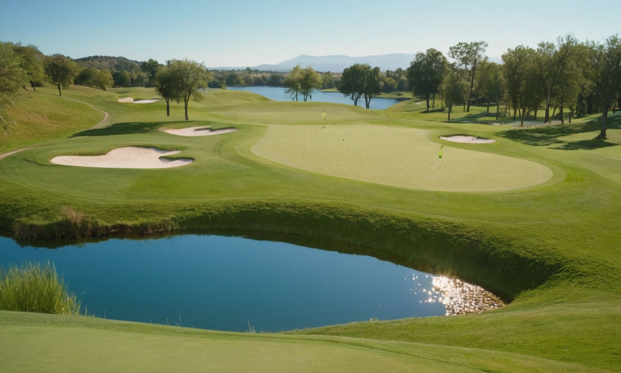 A serene and picturesque virtual golf course setting with lush green fairways, gentle rolling hills, a vibrant blue sky, and a shimmering lake in the background. The scene captures the essence of a peaceful and relaxing day of golfing, perfect for immersing players in the soothing atmosphere of the game.
