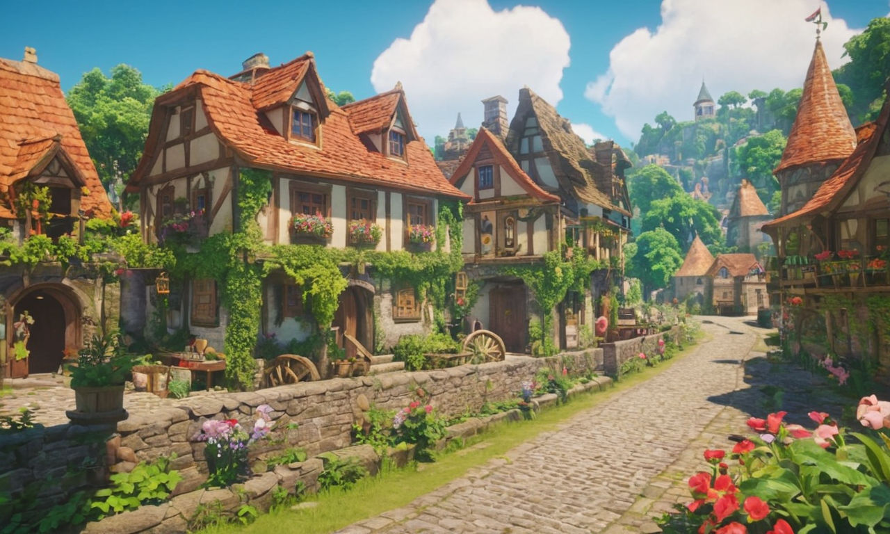 Image prompt: A whimsical and vibrant town scene in a video game featuring charming buildings, lush greenery, and colorful characters. The image should evoke a sense of adventure and exploration, perfect for a fun and engaging RPG game like Town on the Nintendo Switch.
