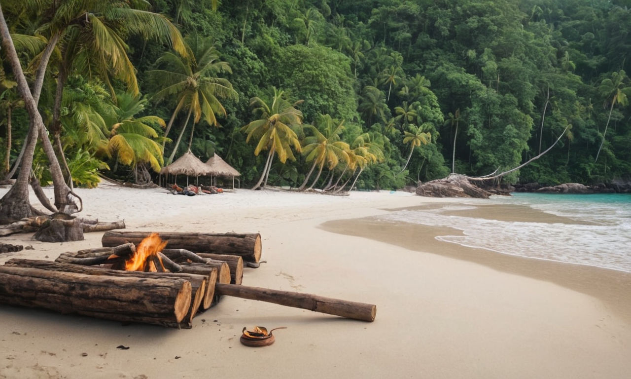 Image prompt: 
A deserted island with crystal clear waters, sandy beaches, lush greenery, and a makeshift raft made of logs and rope. Show different survival elements like tools, coconuts, and a campfire to represent the adventurous spirit of survival games.
