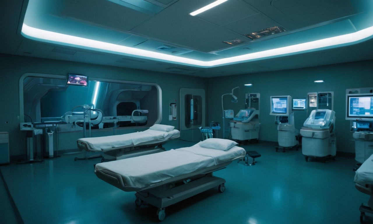 Image prompt: 
A futuristic medical facility with advanced technology, including diagnostic equipment, patient beds, and monitors displaying vital signs. Show a mix of bright, sterile lights contrasted with darker, shadowy corners to represent the ethical dilemmas faced in the game Bio Inc. Redemption.
