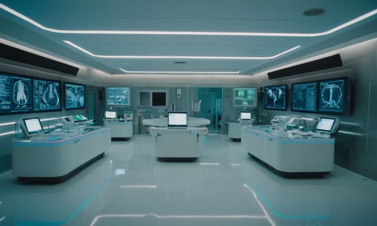 An image prompt for the content:
A futuristic, high-tech medical facility interior with advanced equipment and monitors displaying vital signs, surrounded by glowing screens showing patient data and treatment options. The scene conveys a sense of urgency and ethical decision-making in a medical setting.
