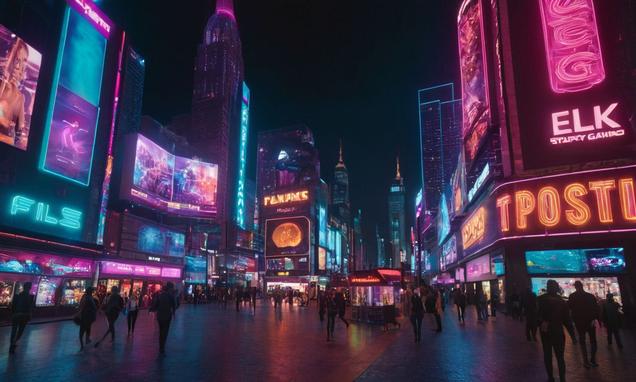 A futuristic cityscape at night with neon lights and holographic displays showcasing retail gaming programs evolution. The scene should exude a sense of innovation and advancement in the gaming industry.
