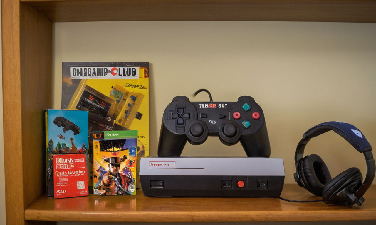 A retro video game controller on a shelf, surrounded by nostalgic gaming memorabilia like cartridges, a gaming headset, and posters. The controller symbolizes the cherished memories and perks of Best Buy's Gamers Club Unlocked, now discontinued, reflecting on its legacy within the gaming community.
