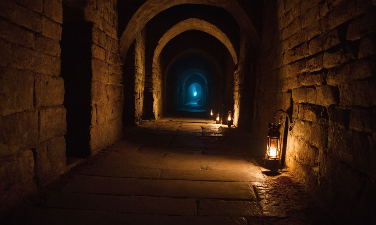 A mysterious, dimly-lit dungeon corridor with eerie torchlight casting elongated shadows, scattered loot chests, and lurking dangers in the shadows.
