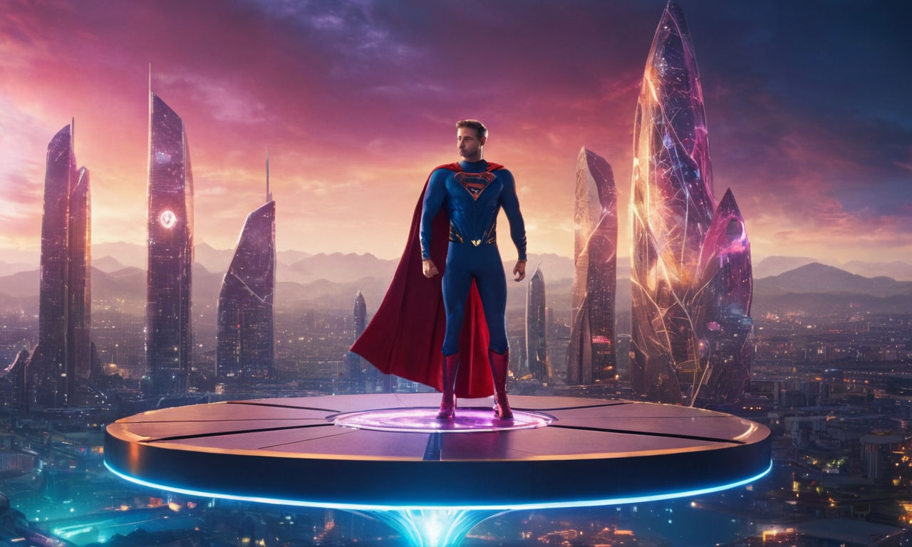 Superhero with glowing power standing on a floating platform surrounded by cosmic energy, futuristic cityscape in the background, vibrant colors and dynamic lighting.
