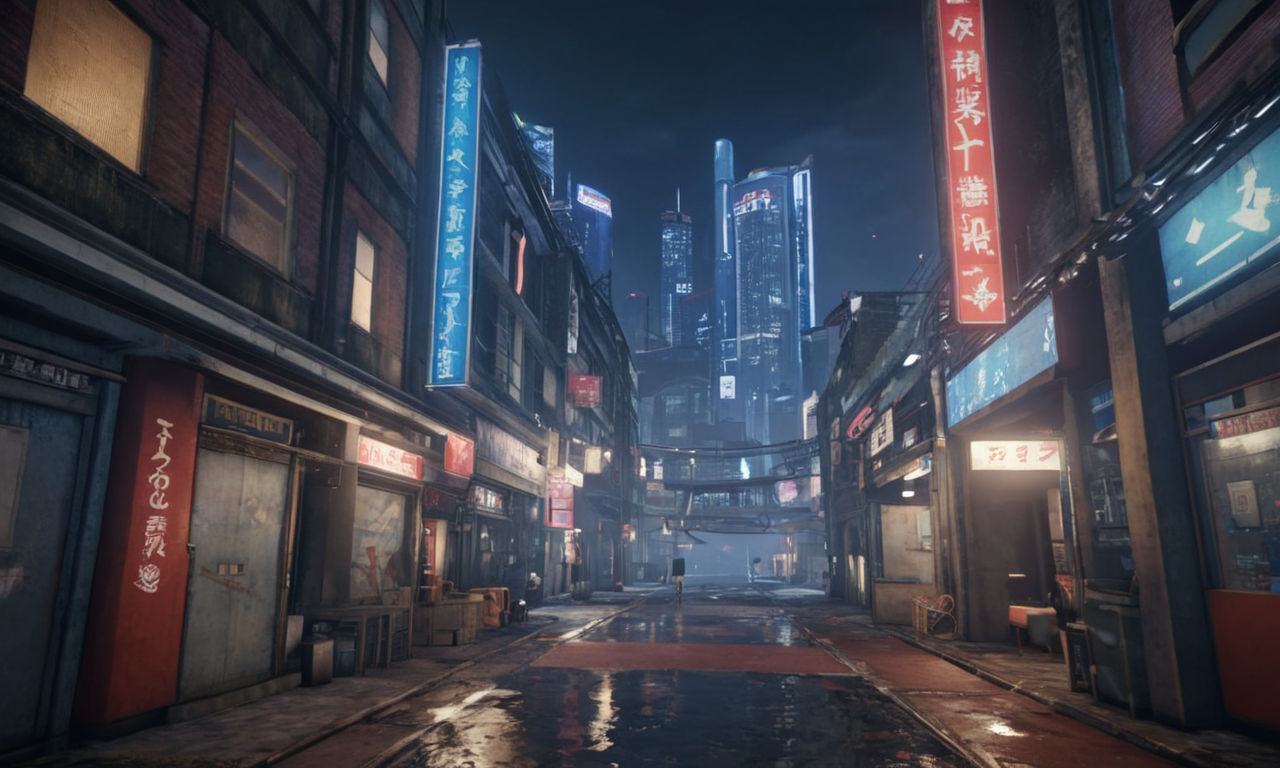 A dynamic and bustling cityscape with various urban elements like alleys, shops, and crowded streets. Include a mix of futuristic and traditional architecture to reflect the diverse locations in the game Astral Chain. Add subtle hints like hidden alleys or open windows that suggest the presence of toilet paper to convey the quest for scavenging essential items in this quirky game setting.
