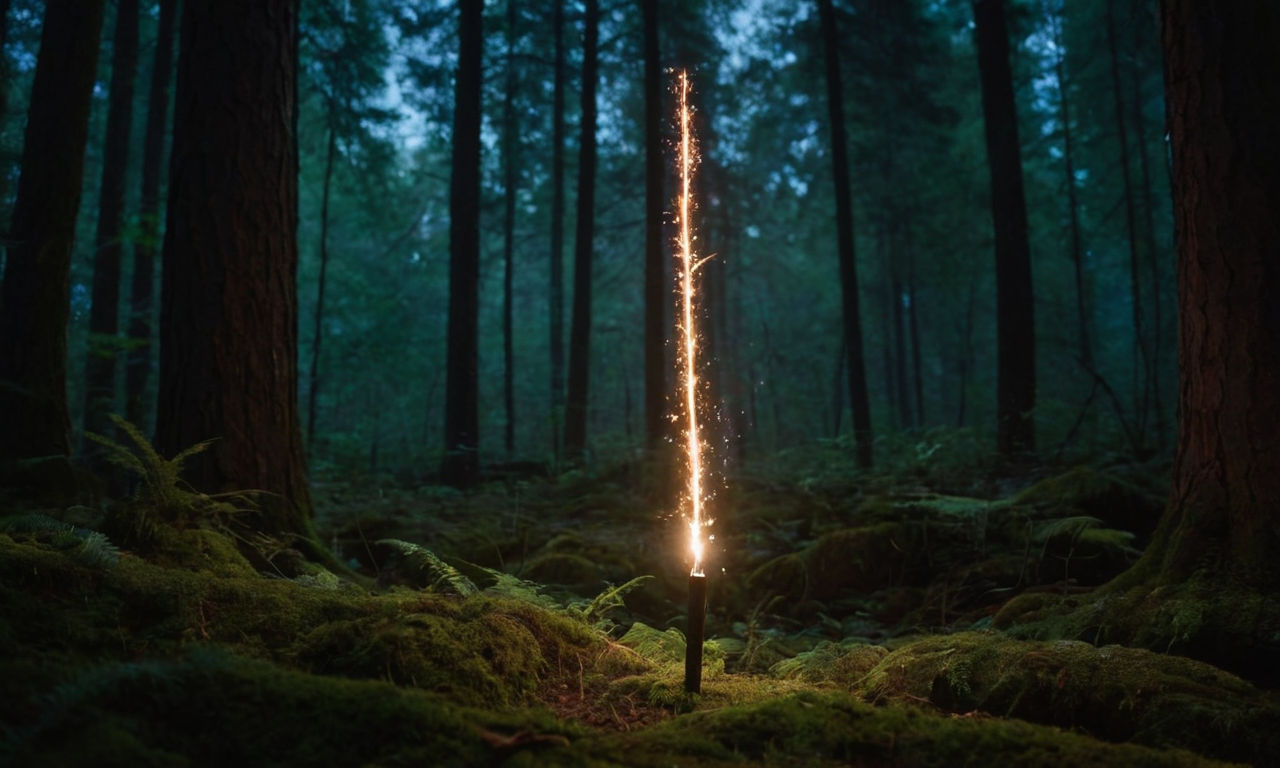 Enchanted stick glowing with magical symbols, surrounded by sparkling particles in a dark, mysterious forest setting. The stick is imbued with powers, emanating a faint glow and crackling with enchantment energy. The background features towering trees and faint moonlight filtering through the foliage, enhancing the mystical and otherworldly atmosphere.
