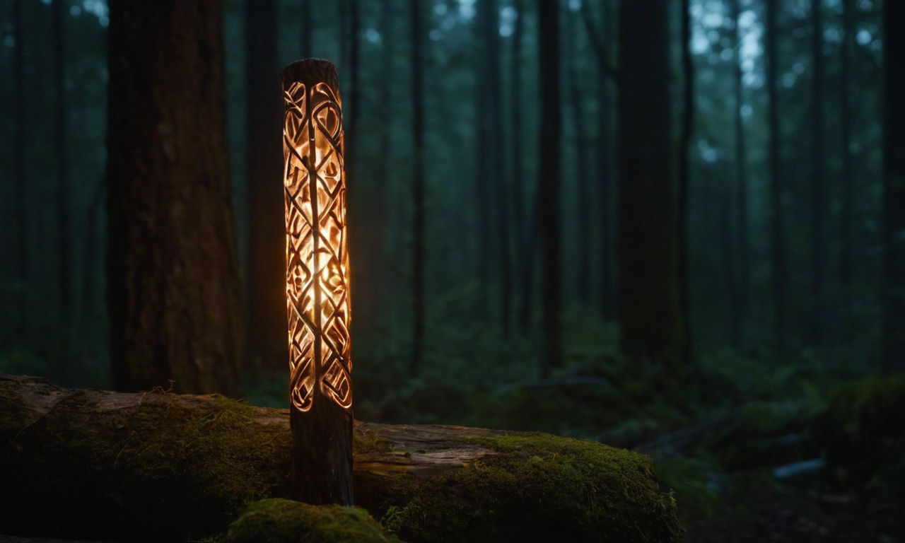 Enchanted stick glowing with magical runes and light in a dark mystical setting, showcasing its formidable power and potential as a versatile tool or weapon.
