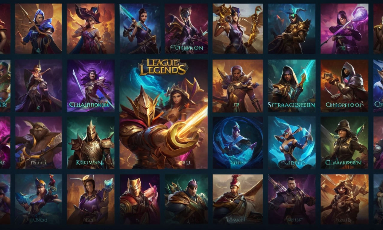 An image of a diverse selection of League of Legends champion icons representing different roles, such as tanks, mages, assassins, and marksmen, displayed in a grid pattern with vibrant colors and intricate designs to symbolize the variety of champion selection strategies for optimizing KDA performance in competitive gaming.
