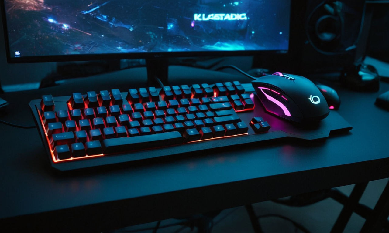 A futuristic, high-tech gaming mouse and keyboard setup with colorful LED lights and sleek design, perfect for competitive gaming analysis and improving KDA performance in League of Legends.
