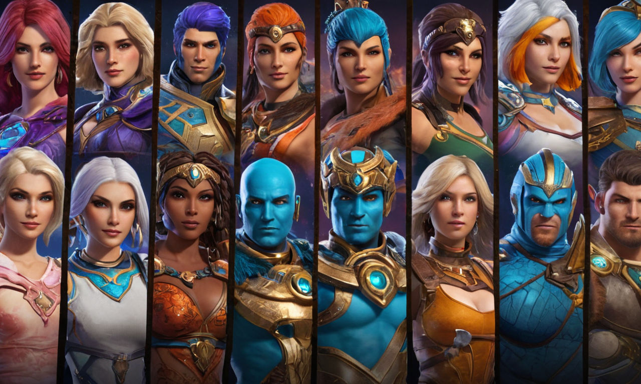 A collage of vibrant and diverse Smite character skins, showcasing a variety of themes and styles. From futuristic cybernetic designs to mythical and ancient-inspired costumes, the image captures the creativity and uniqueness of character customization in the multiplayer game. The skins display a range of colors, textures, and details, highlighting the extensive cosmetic options available for players to personalize their gaming experience.
