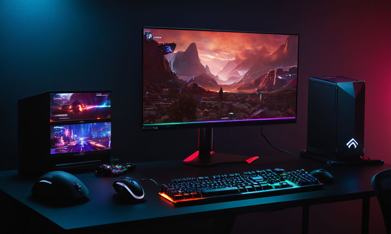 A futuristic gaming setup featuring a sleek computer with colorful LED lights, high-tech gaming keyboard, and mouse on a desk. The monitor displays an intense gaming scene with fast-paced action, representing an immersive gaming experience with enhanced performance.
