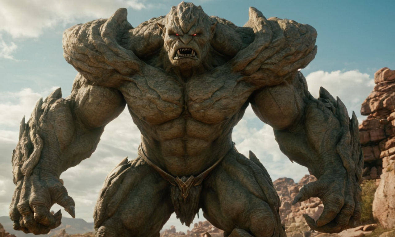 Image prompt: A powerful and majestic earth golem creature with rugged, rocky skin, emanating an aura of protective energy. It stands tall amidst a battlefield, ready to defend and support its allies. The background shows a dynamic, chaotic scene of gods and mythical creatures engaged in intense combat, highlighting the strategic nature of the game.
