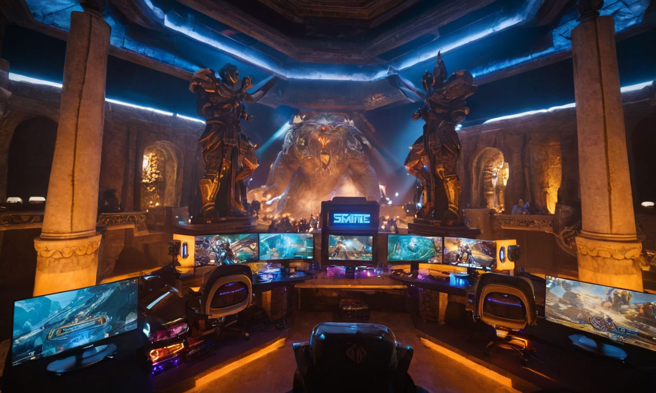 A vibrant and dynamic image of a futuristic, high-tech gaming setup with multiple monitors displaying intense Smite gameplay scenes. The room is filled with colorful LED lights, gaming peripherals, and action-packed visuals that capture the excitement of online gaming. This image conveys the energy and competitive spirit of mastering Smite with Geb, perfect for illustrating the immersive world of online gaming and strategic gameplay.
