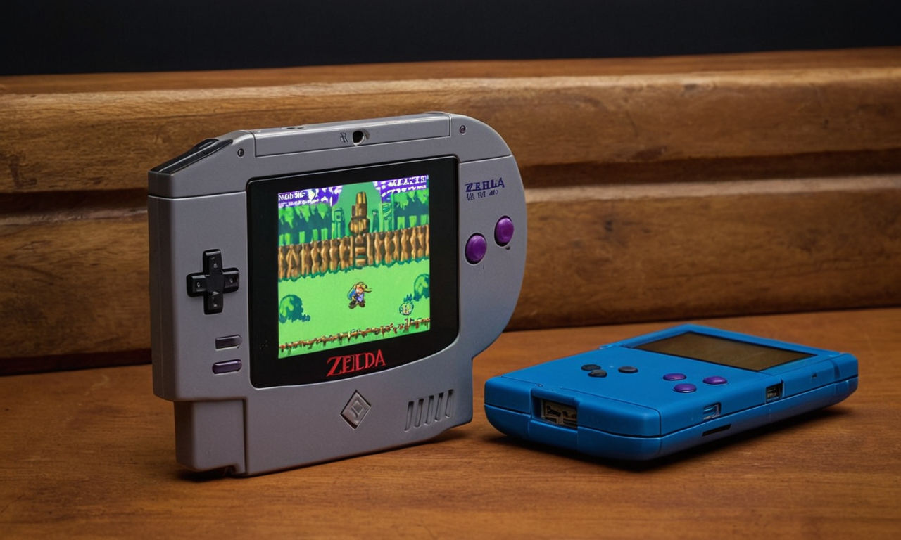An image of a vintage Game Boy Color handheld console with a classic Legend of Zelda game cartridge inserted, featuring iconic Zelda game elements like swords, shields, rupees, and dungeons. The image should evoke nostalgia and showcase the timeless appeal of retro gaming.
