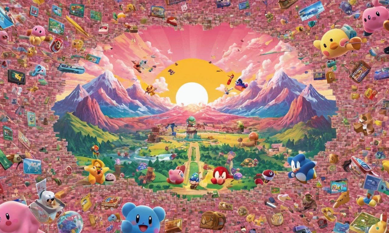 A vibrant and colorful collage featuring iconic Nintendo DS game elements such as game cartridges, stylus pens, and gaming devices, set against a backdrop of pixelated landscapes and characters. This visually compelling image illustrates the excitement and creativity of Nintendo DS games, perfect for capturing the essence of multiplayer Kirby adventures like Kirby Mass Attack.
