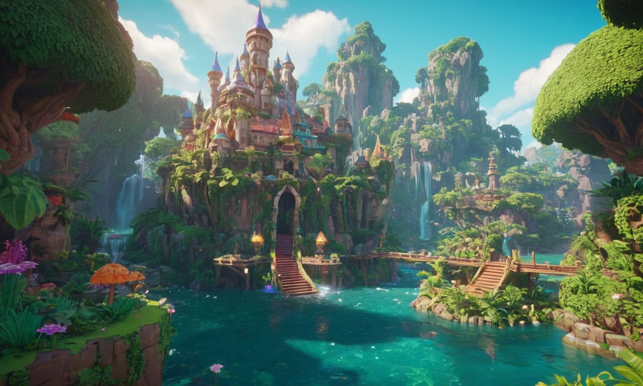 A vibrant and colorful fantasy world featuring whimsical creatures, mystical landscapes, and imaginative architecture. Rich details in the environment with lush vegetation, glowing crystals, and floating islands. The art style combines elements of retro pixel art with modern 3D graphics, creating a visually captivating and immersive gaming experience.
