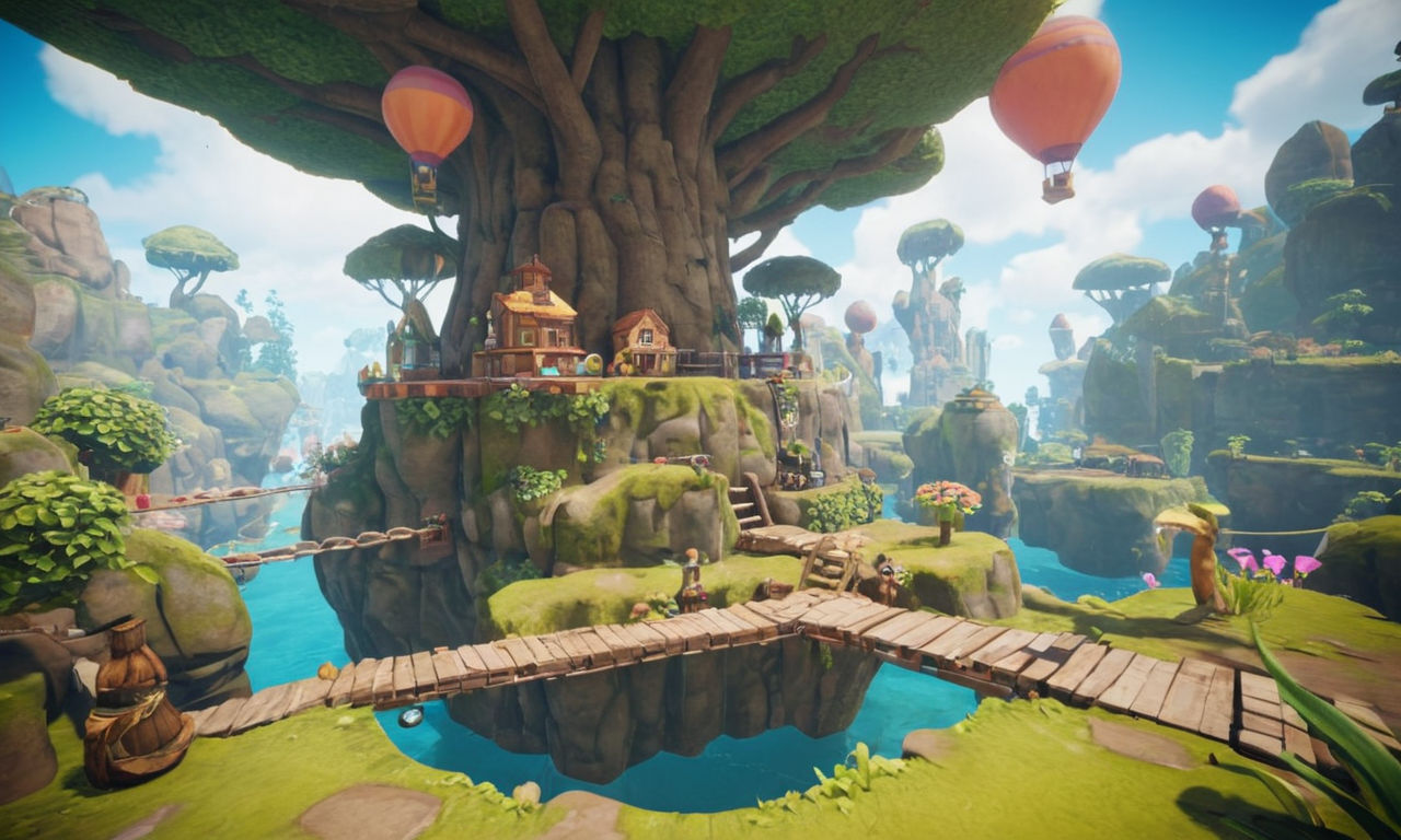 A whimsical and colorful 3D platformer world with floating platforms, moving obstacles, and collectible items scattered throughout. The environment is vibrant and inviting, combining elements of classic retro gaming with a modern twist. The scene showcases innovative gameplay mechanics, such as unique platforming challenges and interactive elements that engage players.
