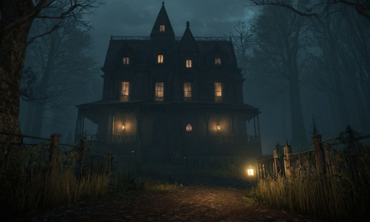 A chilling and atmospheric scene featuring shadows, ghosts, and eerie elements typical of a horror game. The setting should evoke a sense of suspense and mystery, perfect for a supernatural thriller experience. Think of dark forests, misty landscapes, or haunted houses to capture the essence of Project Zero: Maiden of Black Water on the Wii U.
