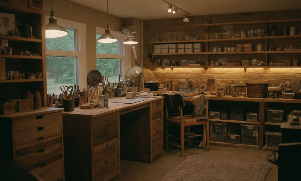 A cozy workshop setting with shelves filled with neatly organized blueprints and crafting materials, soft lighting casting a warm glow over the space, various tools scattered around, hinting at creative projects in progress.
