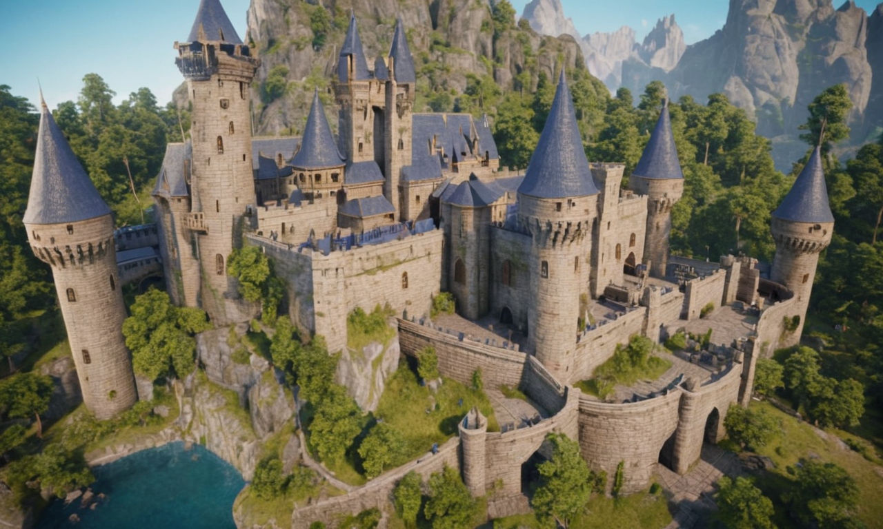 A vibrant and detailed fantasy castle blueprint design with intricate details and various building materials, showcasing the concept of efficient blueprint reuse in a popular crafting and building video game.
