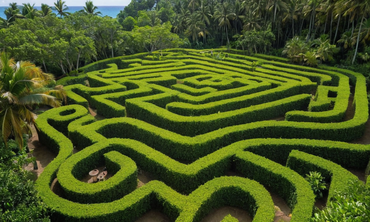 A mysterious and challenging maze on a colorful tropical island setting. The maze is intricately designed, filled with twists and turns, offering a stimulating puzzle-solving experience. Bright, vibrant colors accentuate the beauty of the island, creating an inviting and engaging atmosphere for players to explore and conquer.
