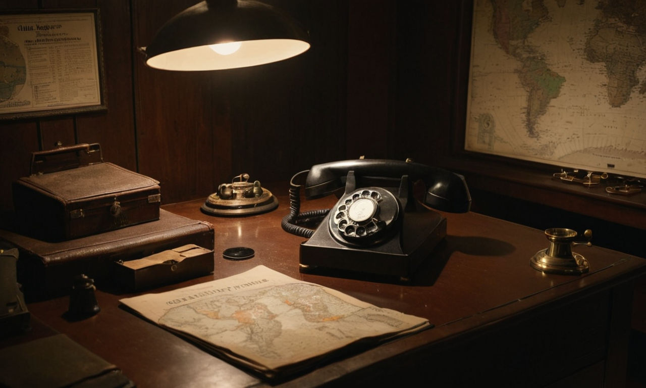 A dark and mysterious detective's office with dim lighting, vintage desk covered in case files, magnifying glass, old rotary phone, and a map with push pins marking locations, creating a noir-inspired setting for investigating ghostly mysteries.
