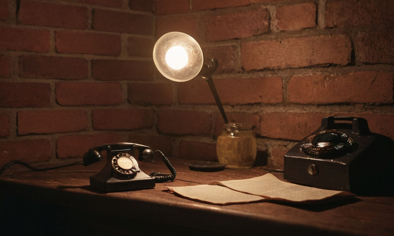 Image prompt: 
A mysterious and immersive scene from a detective game, featuring dimly lit streets with flickering streetlights, shadows cast on brick walls, an old-fashioned magnifying glass on a weathered wooden desk, and a vintage rotary phone with a glowing dial. The atmosphere is haunting and suspenseful, hinting at ghostly mysteries waiting to be unraveled.
