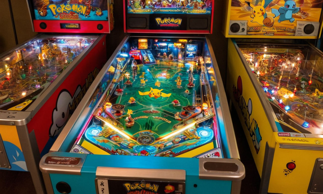 A dynamic and colorful image of Pok�mon-themed pinball tables showcasing various designs and features, such as Pikachu, Charmander, Bulbasaur, and Squirtle. The vibrant and detailed tables capture the essence of gameplay excitement and Pok�mon collecting fun, appealing to fans of retro gaming and Pok�mon spin-offs.
