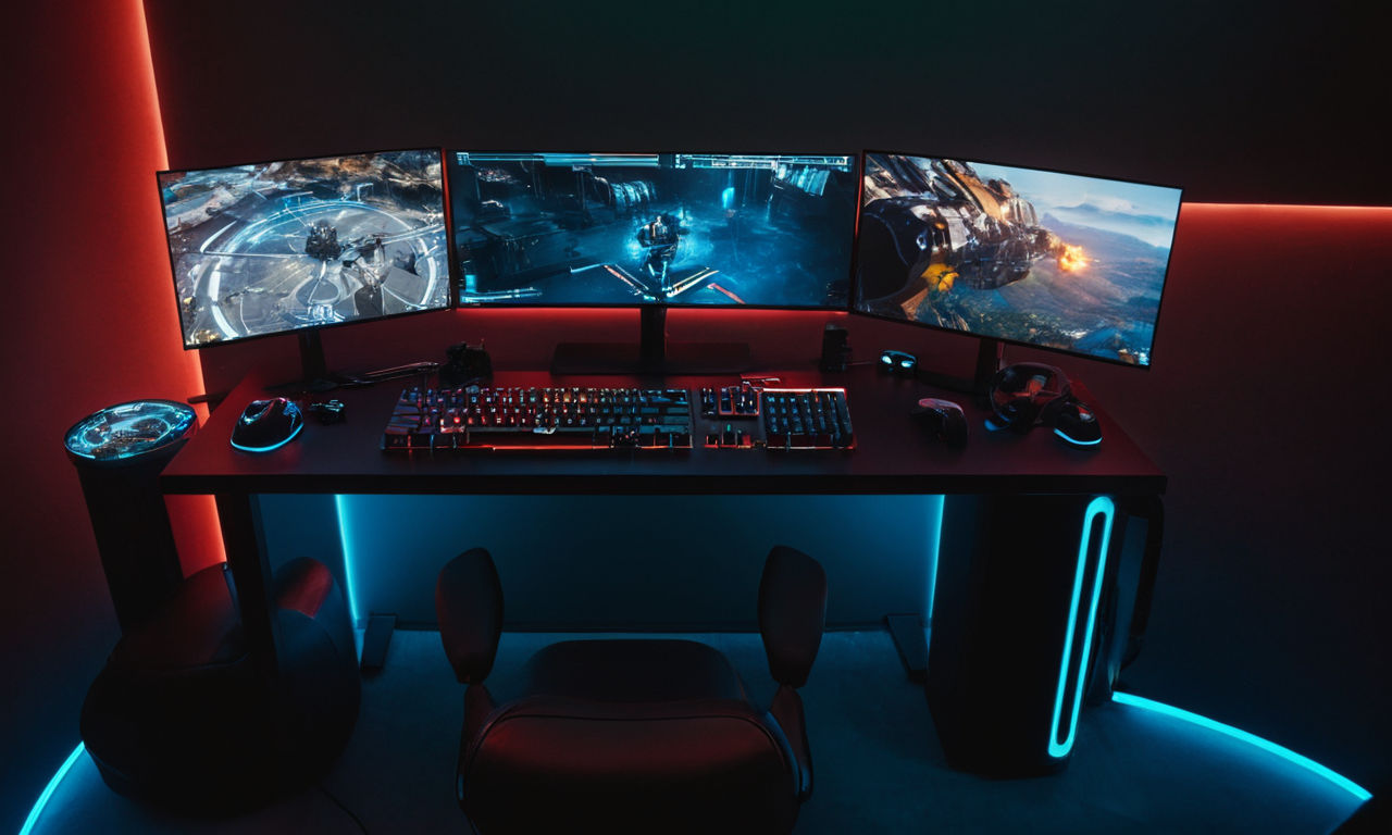 An image prompt for this content could be: 
A futuristic gaming setup with a powerful computer, multiple screens displaying gaming interfaces, a variety of gaming peripherals like keyboards and mice, colorful LED lights, and a comfortable gaming chair.
