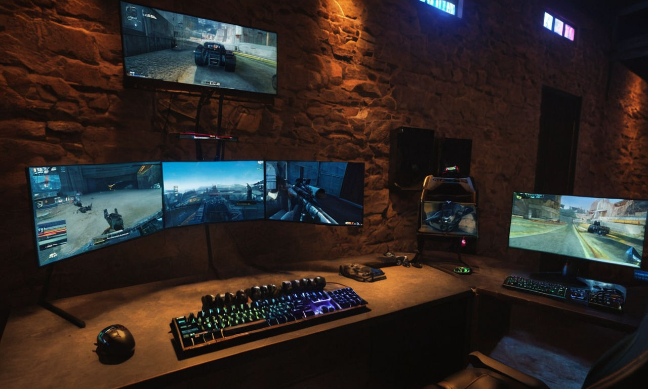 A modern computer setup with gaming peripherals like keyboard, mouse, and headset, displaying a vibrant and engaging gaming scene indicative of popular multiplayer games. The setup includes a high-performance monitor showing a competitive first-person shooter game interface with customizable elements like crosshairs, health bar, and ammunition count. The scene captures the essence of an immersive gaming experience, perfect for showcasing technical fixes and improvements for CS:GO launch errors.
