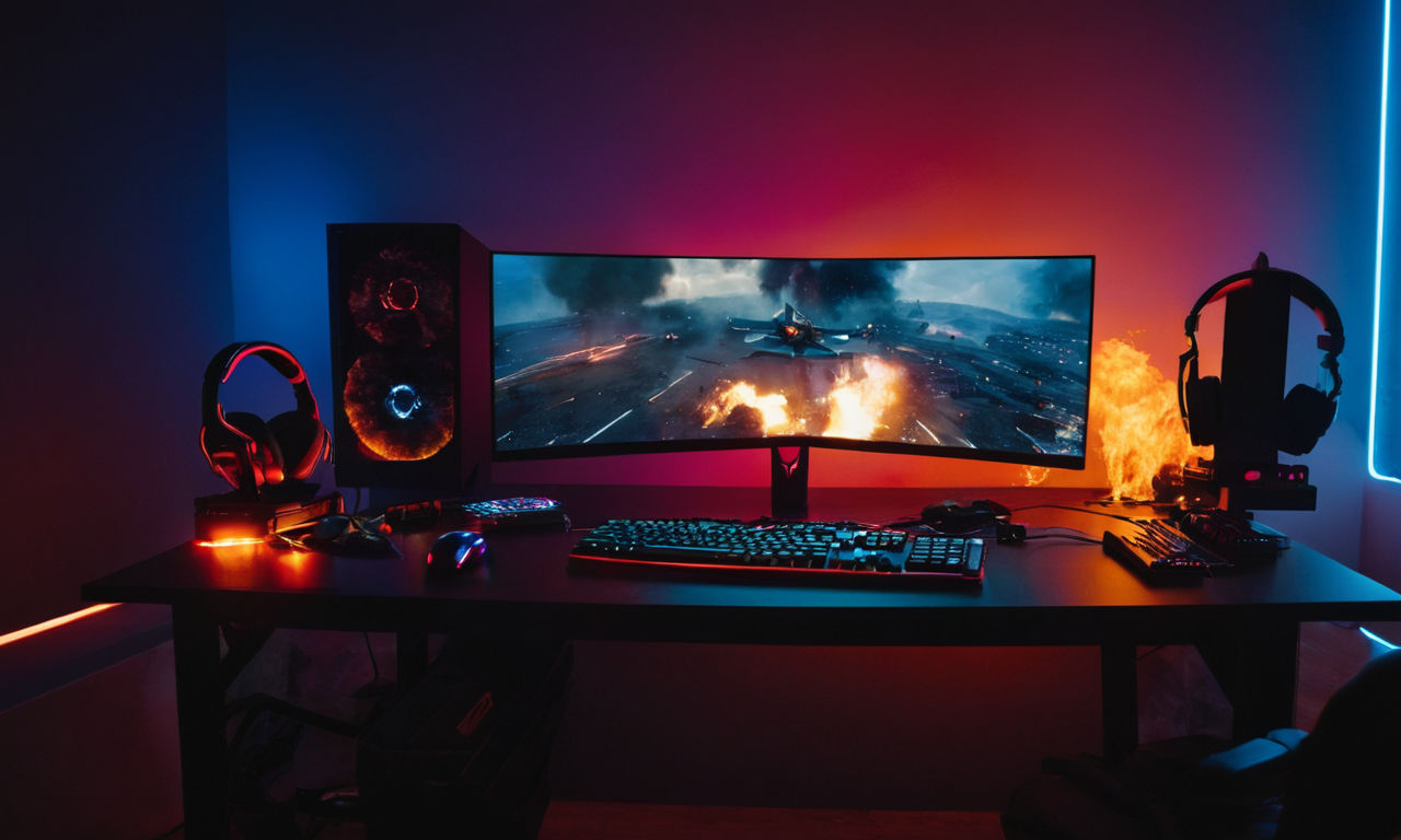 A vibrant and futuristic gaming setup featuring a computer with colorful LED lights, gaming mouse, keyboard, and headset on a sleek desk. The backdrop shows a virtual battleground with explosions, gunfire, and action-packed scenes to enhance the gaming experience.
