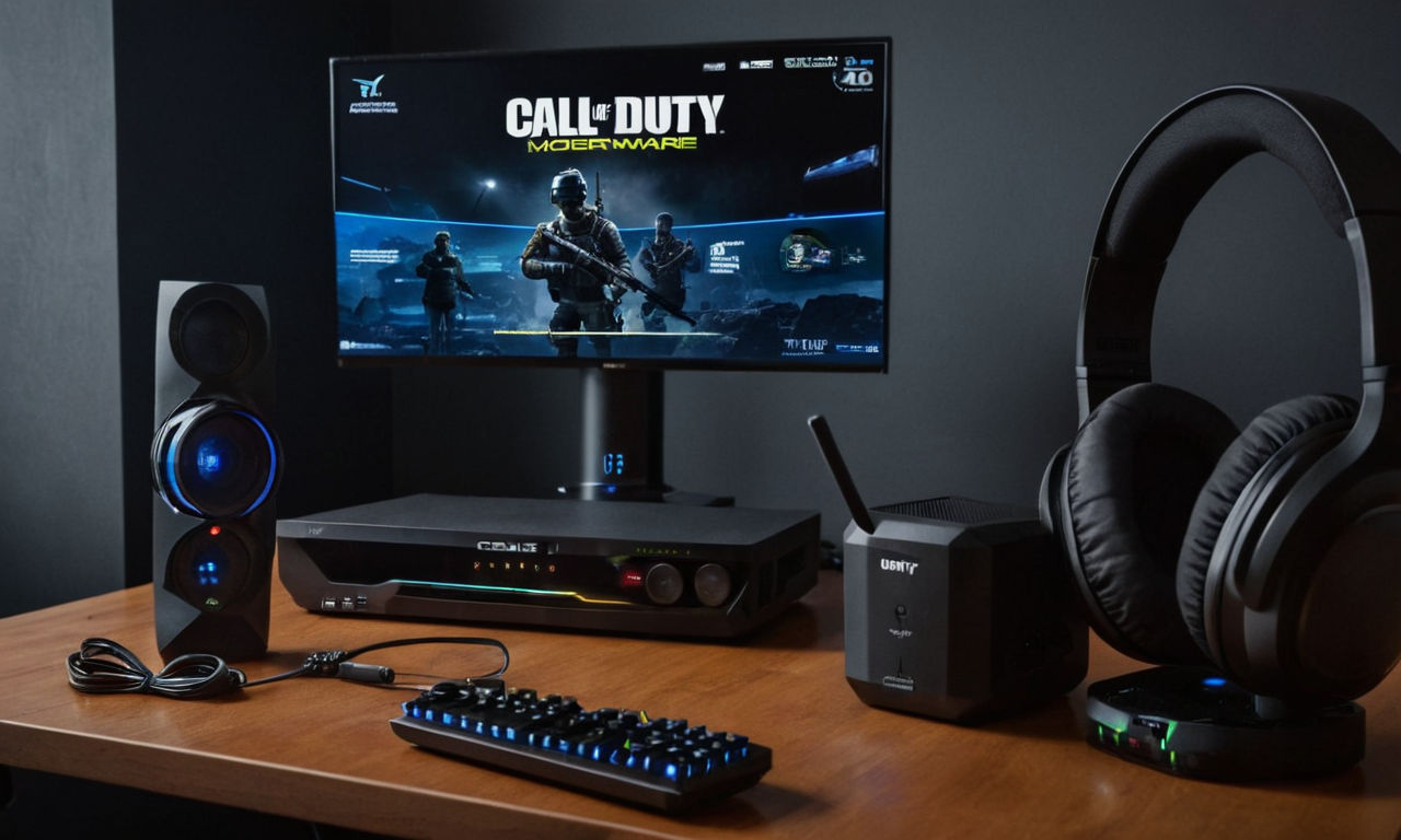 A futuristic gaming setup featuring a high-speed internet router, gaming console, and headset. The image showcases a seamless connection for online gaming, symbolizing enhanced connectivity and stable gameplay sessions for Call of Duty: Modern Warfare players.
