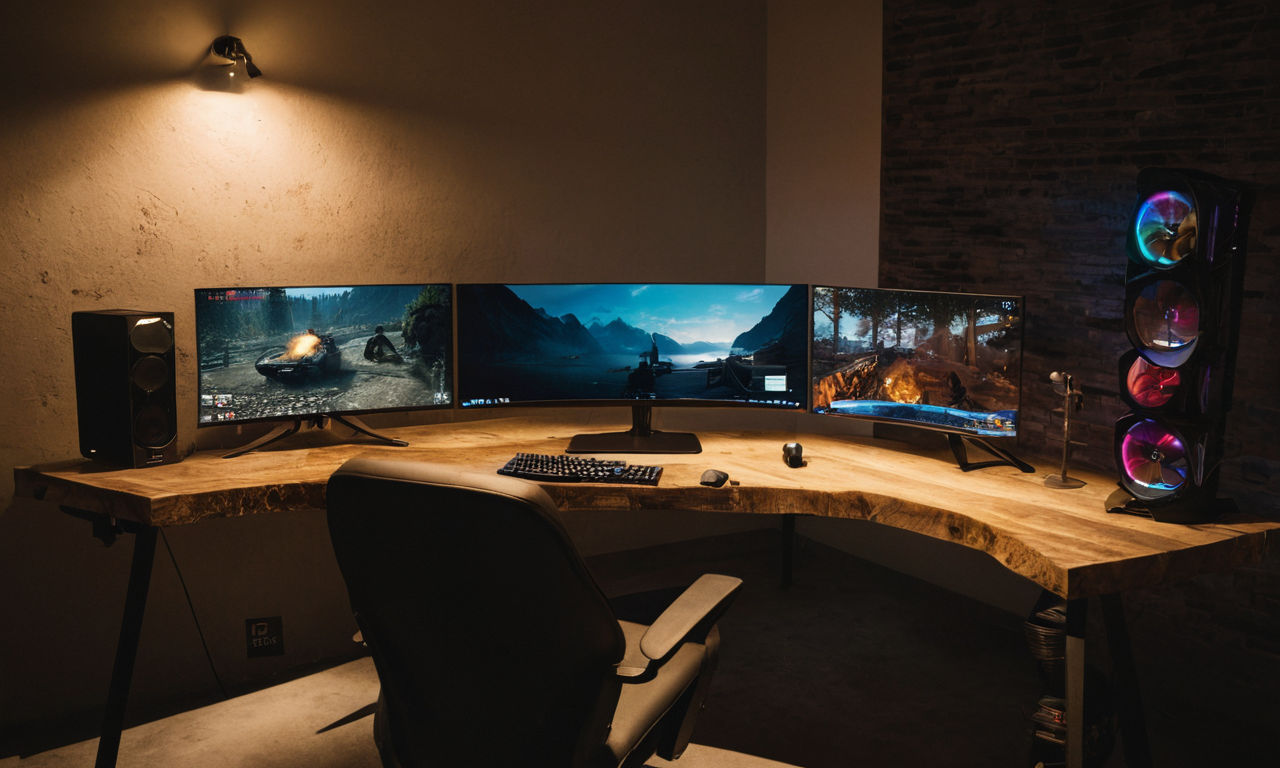 A futuristic gaming setup with a powerful PC, colorful RGB lighting, ultra-wide curved monitor, gaming keyboard and mouse, showcasing an immersive gaming experience for Far Cry 5 on Epic Games.
