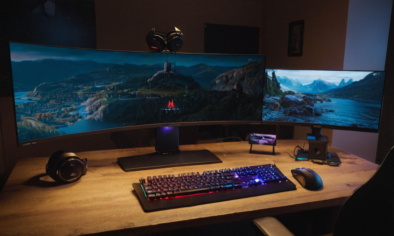 Image prompt: 
A futuristic gaming setup with a high-end gaming PC, colorful RGB keyboard, ultra-wide monitor displaying an epic in-game scene from Far Cry 5, gaming headset, and a sleek gaming mouse on a desk. The room is dimly lit to emphasize the glow from the monitor and peripherals, creating an immersive gaming atmosphere.
