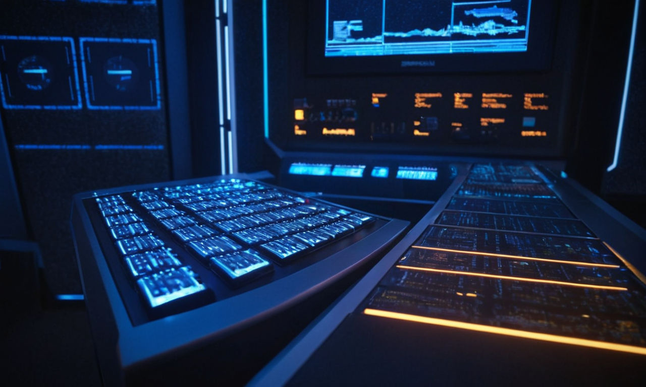 A futuristic computer system with glowing blue lights and complex circuit patterns, emphasizing technology and performance to represent meeting system requirements and running Starbound smoothly.
