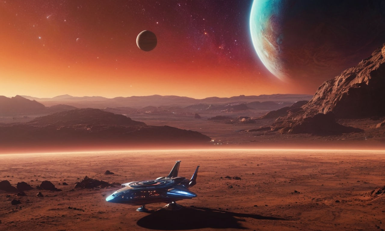 A futuristic space-themed image with a variety of colorful planets, stars, and galaxies in the background, illuminated by the glow of distant suns. The scene features a sleek spaceship hovering in the foreground, hinting at intergalactic adventure and exploration.
