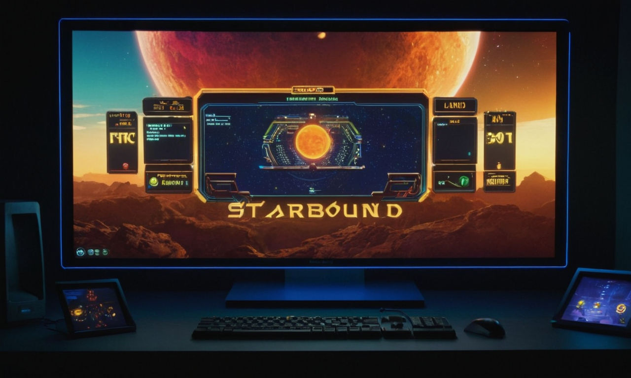 An image of a computer screen displaying a vibrant, futuristic video game launch screen with various options and buttons. The screen shows a loading bar indicating progress, symbolizing the anticipation of starting a game. This image can evoke the excitement of gaming and the potential issues users may face when launching games like Starbound.
