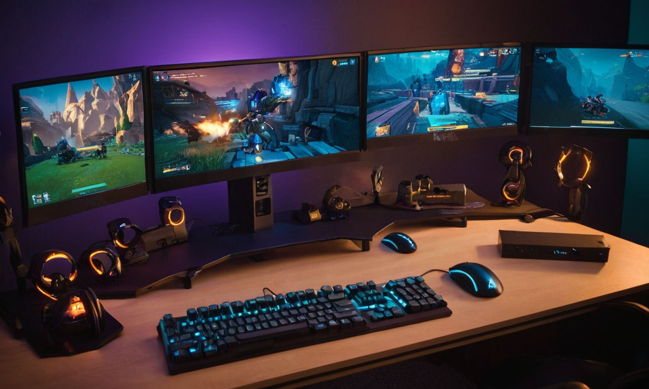 An image prompt for the "Optimal FPS and Performance Settings for Paladins" guide could be: 
A futuristic, high-tech gaming setup with multiple monitors showing gameplay from Paladins, a sleek gaming mouse and keyboard, and a powerful gaming PC running the game smoothly. The room is dimly lit with customizable RGB lights adding to the gaming ambiance.
